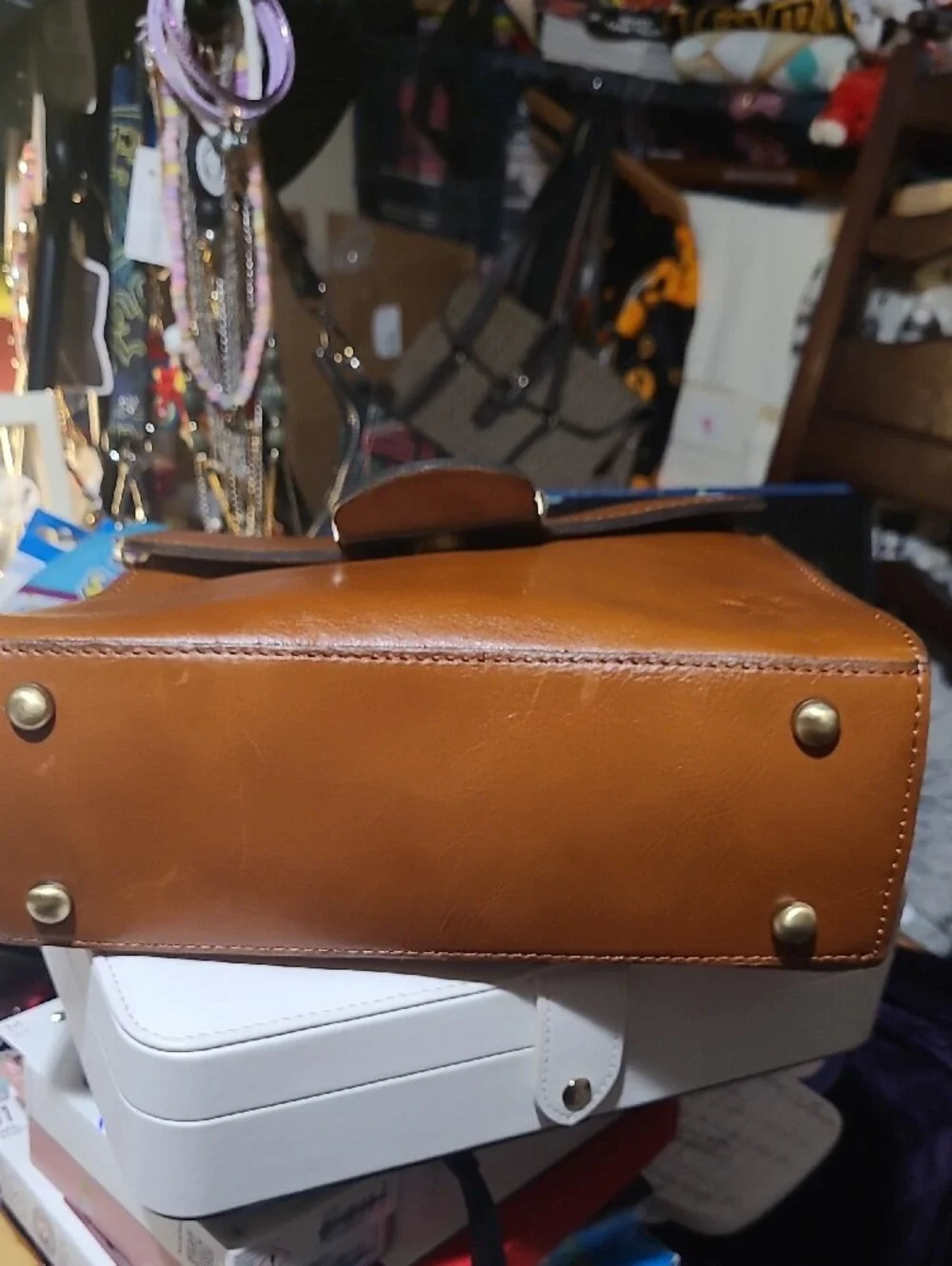 Patricia Nash Warm Tan Leather Top-Handle Satchel with Gold Plaque NWT Casotta